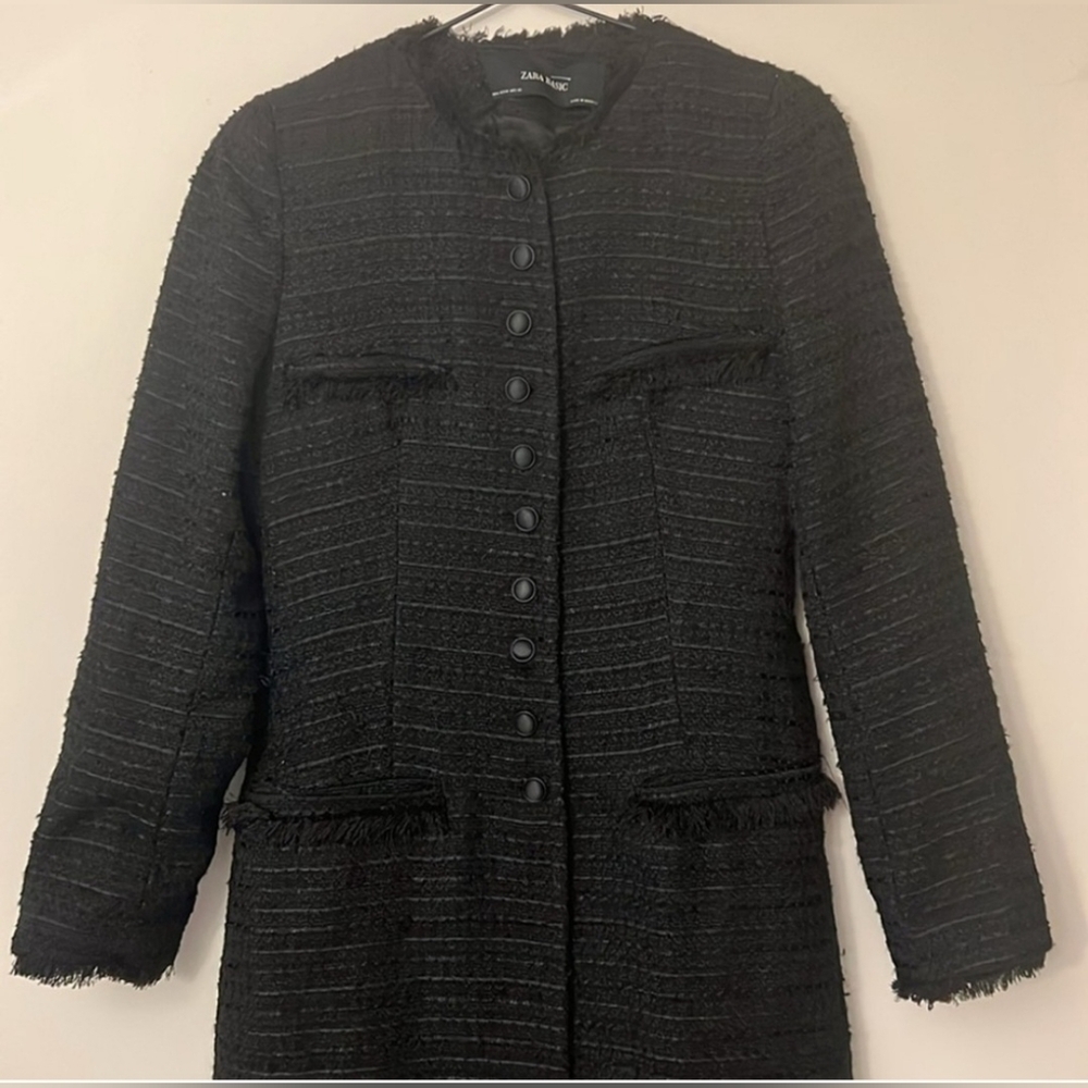 Zara Elegant Black Tweed Long Coat - Picture 3 of 3